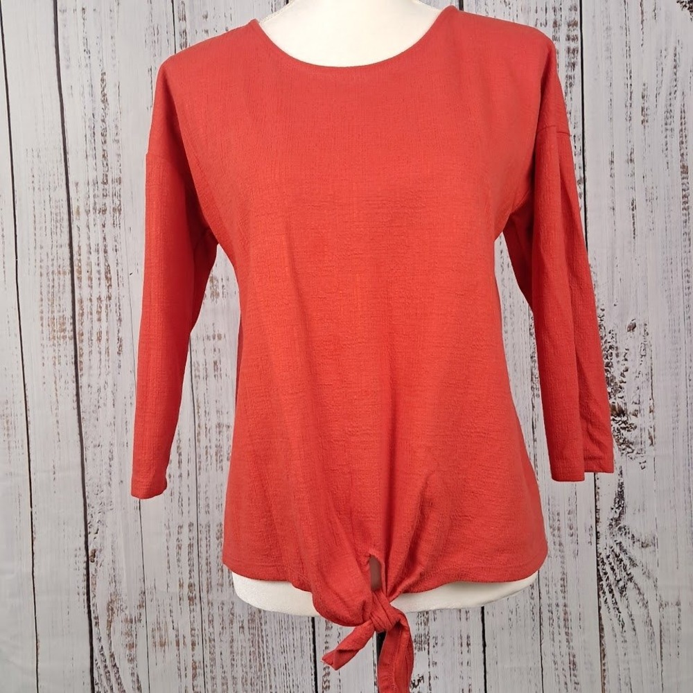 TALBOTS Petite SP Tie Front 3/4 Sleeve Top Coral Orange Cotton Blend Coastal
